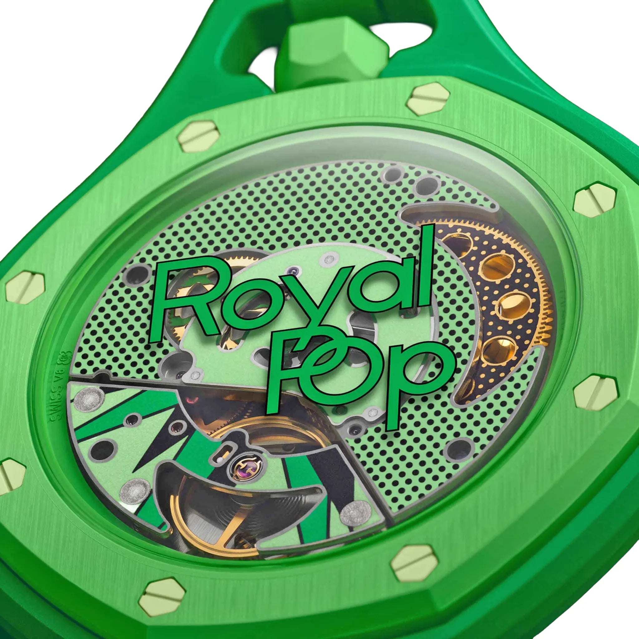 Front View of Swatch x Audemars Piguet Royal Pop Green Eight With Rubber Strap